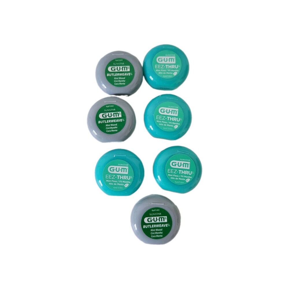 7 Pack GUM Dental Floss ButlerWeave Mint Waxed & EEZ-THRU Mint 4 YD/3.6m Ea